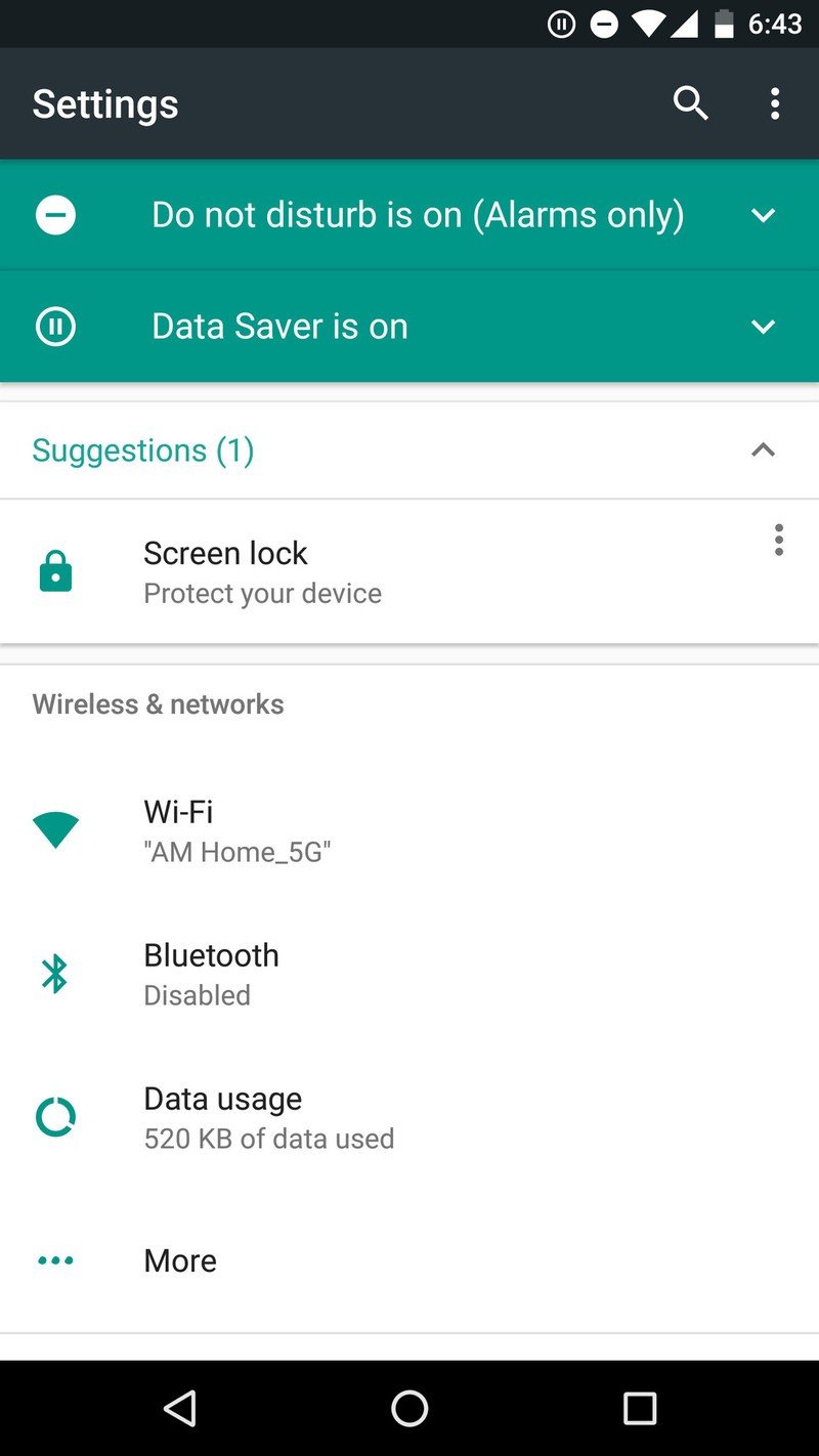 Android N Developer Preview settings menu