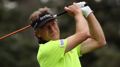 Bernhard Langer takes a tee shot in the first round of the 2021 Masters at Augusta National