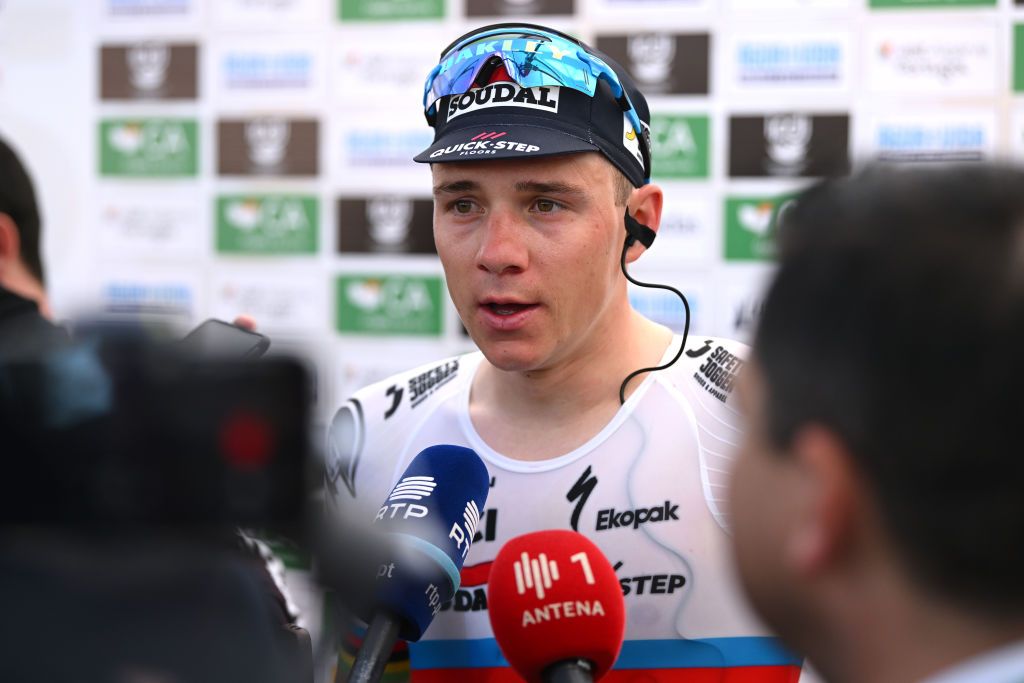 ALBUFEIRA PORTUGAL FEBRUARY 17 Stage winner Remco Evenepoel of Belgium and Team Soudal Quick Step meets the media press after the 50th Volta ao Algarve em Bicicleta 2024 Stage 4 a 22km individual time trial in Albufeira on February 17 2024 in Albufeira Portugal Photo by Dario BelingheriGetty Images