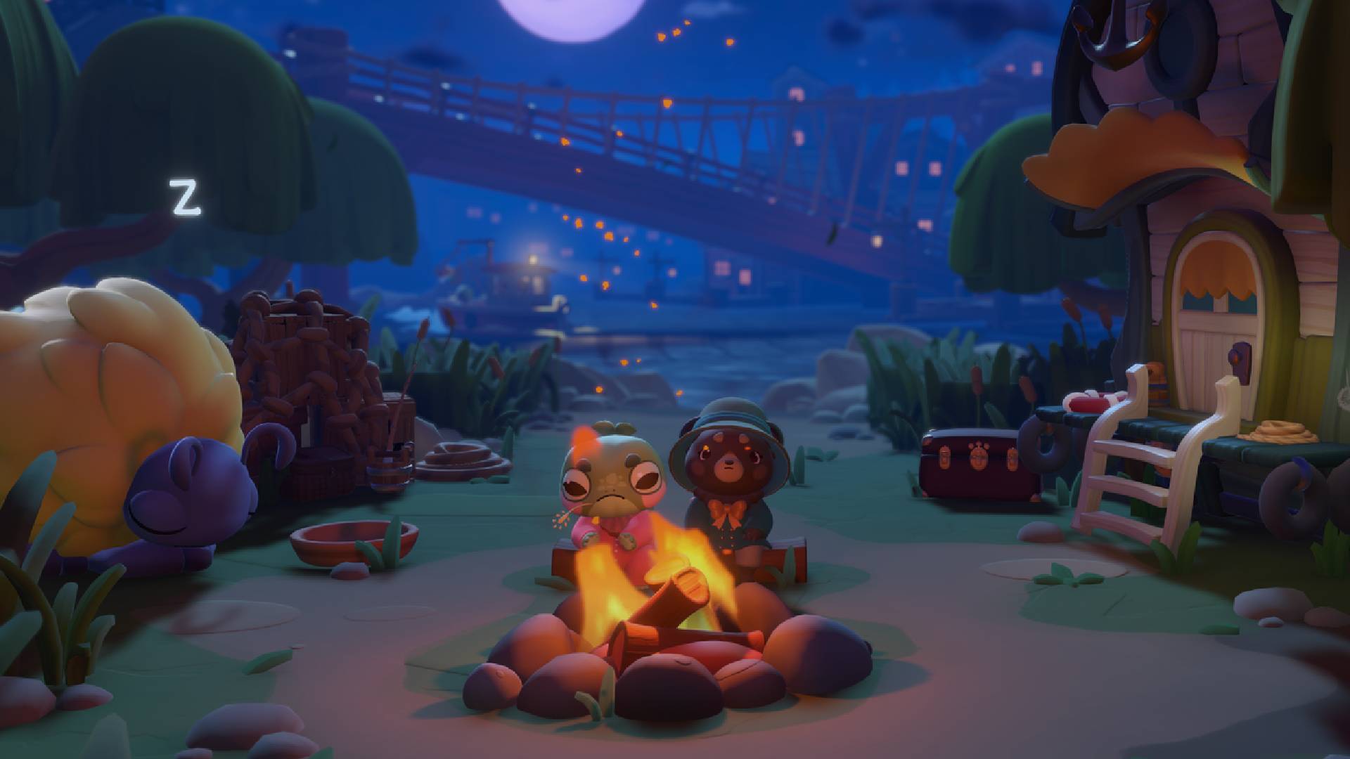 Cozy Caravan Bubba and player by the fire