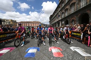 NAPLES ITALY MAY 11 LR Jonathan Milan of Italy and Team Bahrain Victorious Purple Points Jersey Thibaut Pinot of France and Team Groupama FDJ Blue Mountain Jersey Andreas Leknessund of Norway and Team DSM Pink Leader Jersey and Thymen Arensman of The Netherlands and Team INEOS Grenadiers White Best Young Rider Jersey prior to the 106th Giro dItalia 2023 Stage 6 a 162km stage from Naples to Naples UCIWT on May 11 2023 in Naples Italy Photo by Tim de WaeleGetty Images