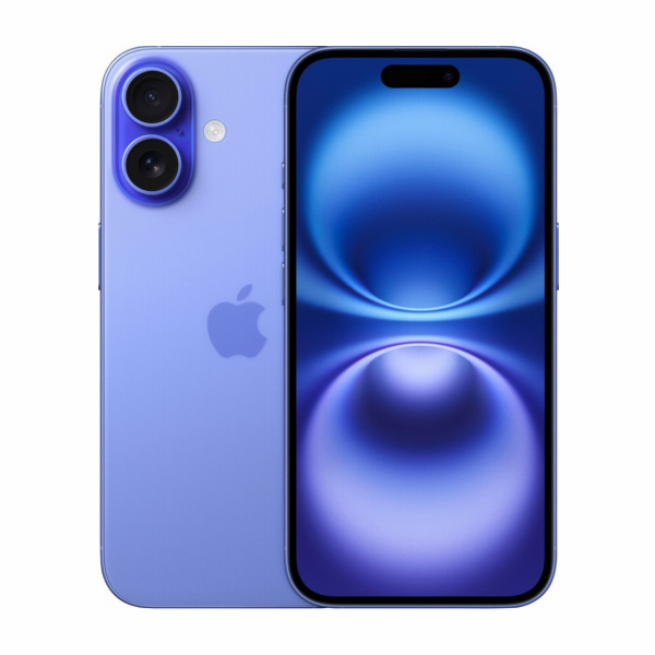 Apple iPhone 16 in ultramarine against white background.