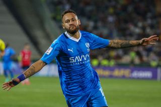 Neymar celebrates after scoring for Al-Hilal against ran's Nassaji Mazandaran in October 2023.