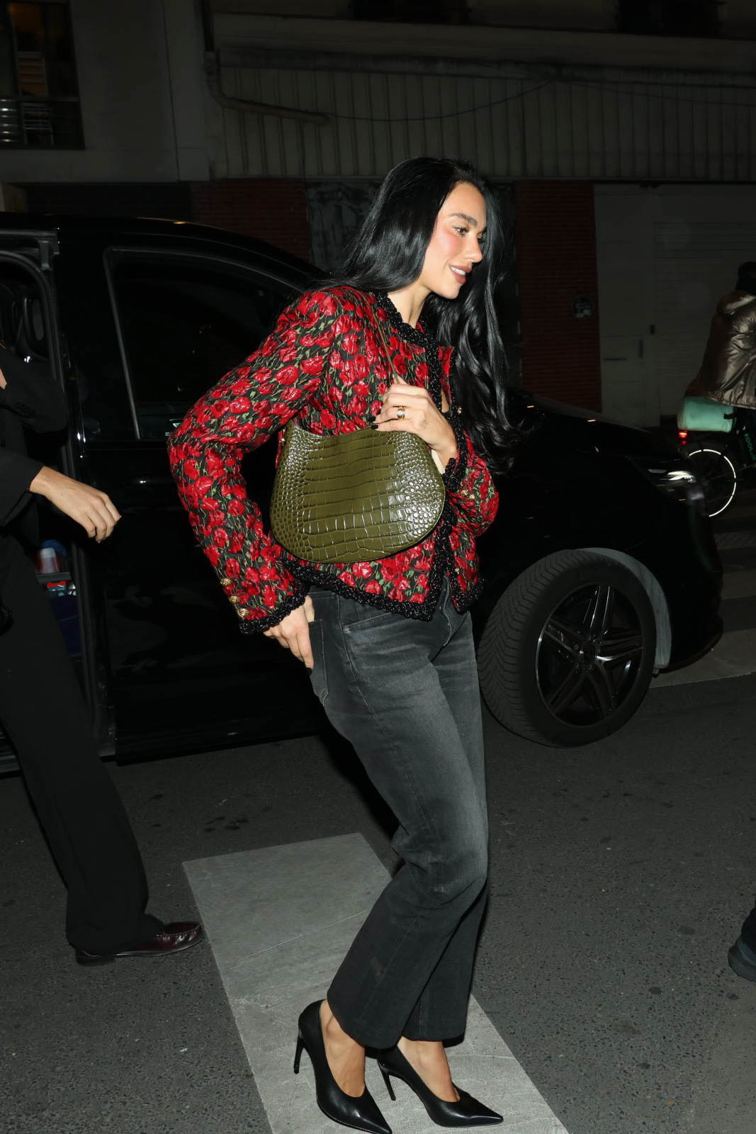 Dua Lipa's lady jacket, black jeans, and croc bag at Paris Fashion Week