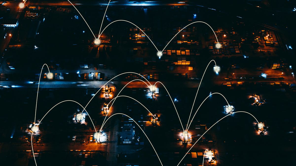 Software supply chain concept image showing interlinked points on a digital interface.