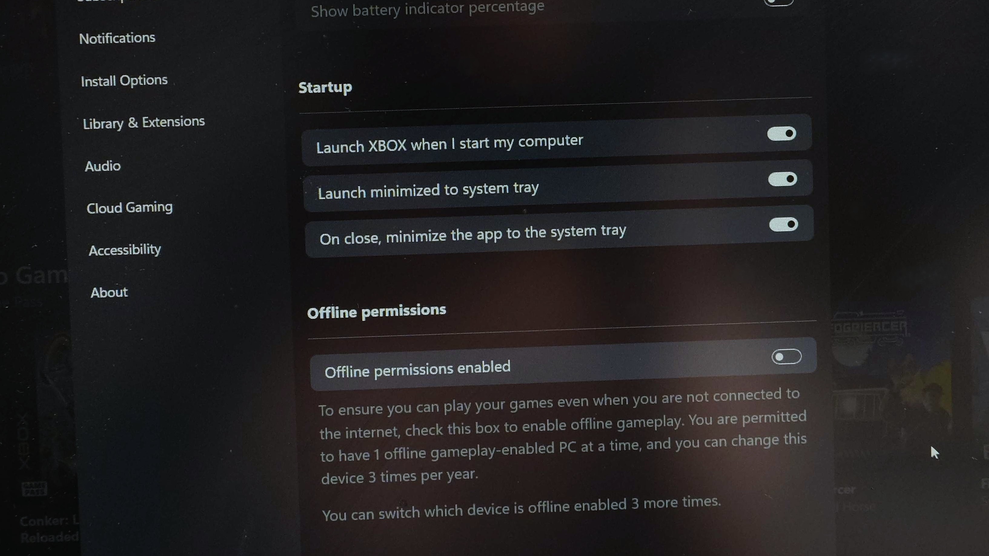 A photo of the offline settings in the Xbox app for Windows 11