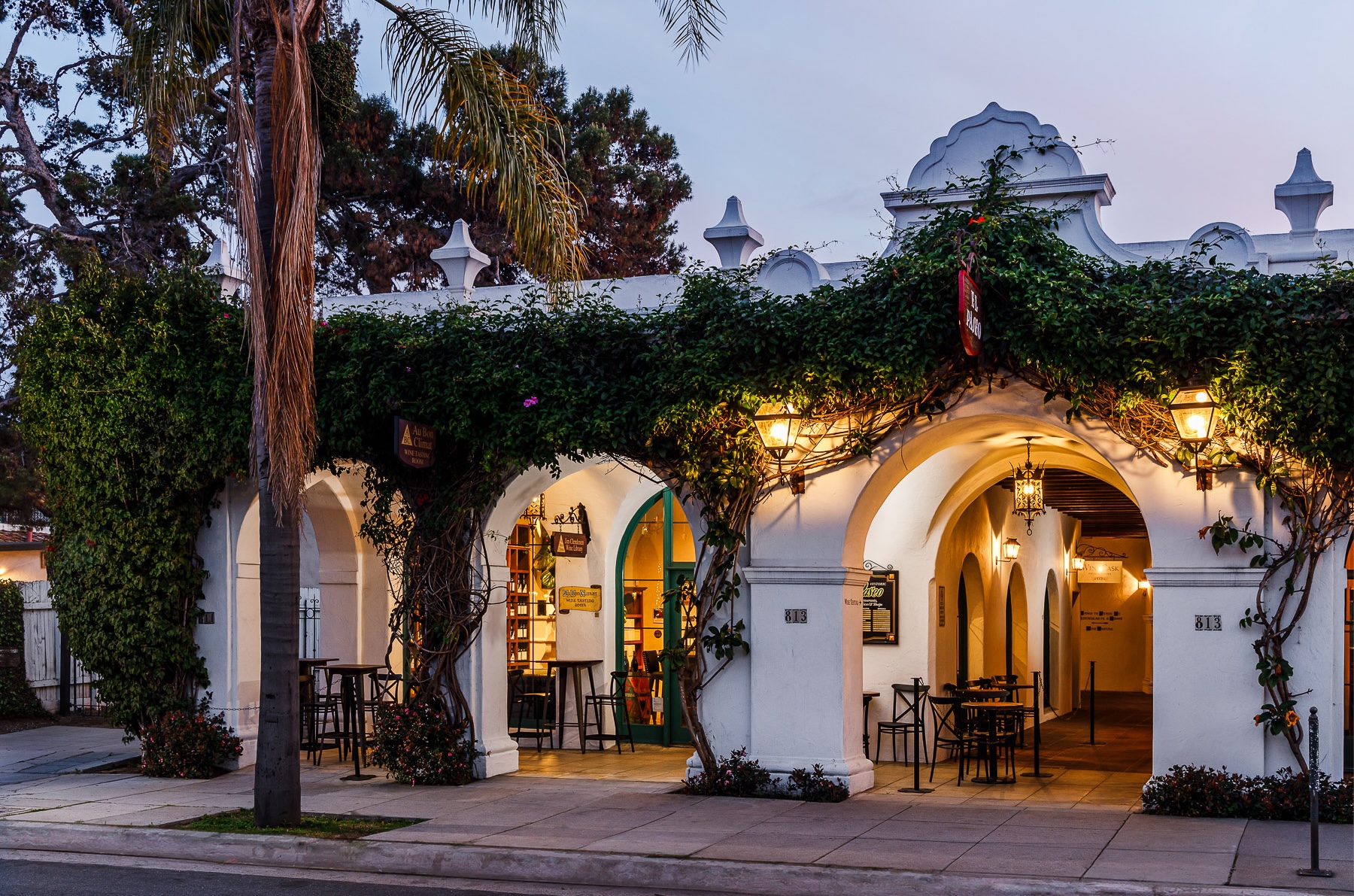 The exterior of Au Bon Climat's tasting room at twilight