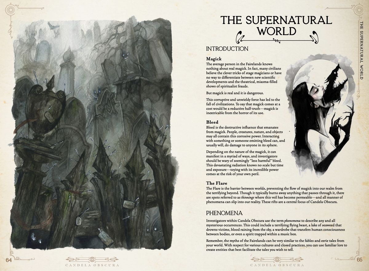 Candela Obscura pages showing a graveyard strewn with hat pins, text, and a woman breathing out a black monster