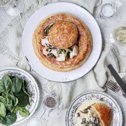 Puff pastry spinach and seafood meal