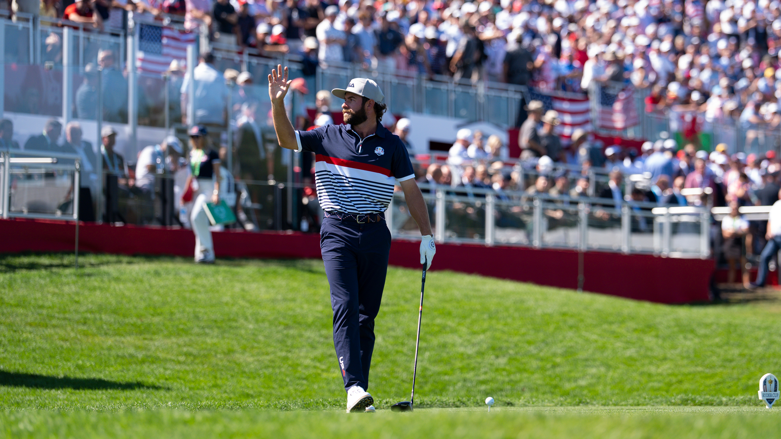 Cameron Young whips up the American crowd during the Friday afternoon fourballs at the 2025 Ryder Cup