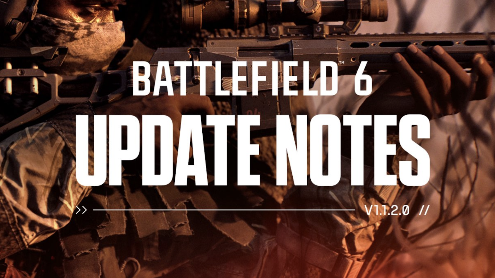 Battlefield 6 Update Notes written in large white block letters, against a background showing a soldier in side profile