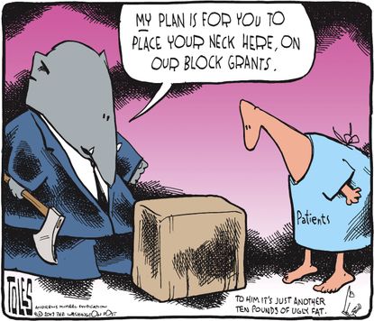 Political cartoon U.S. GOP Obamacare repeal Graham Cassidy block grant