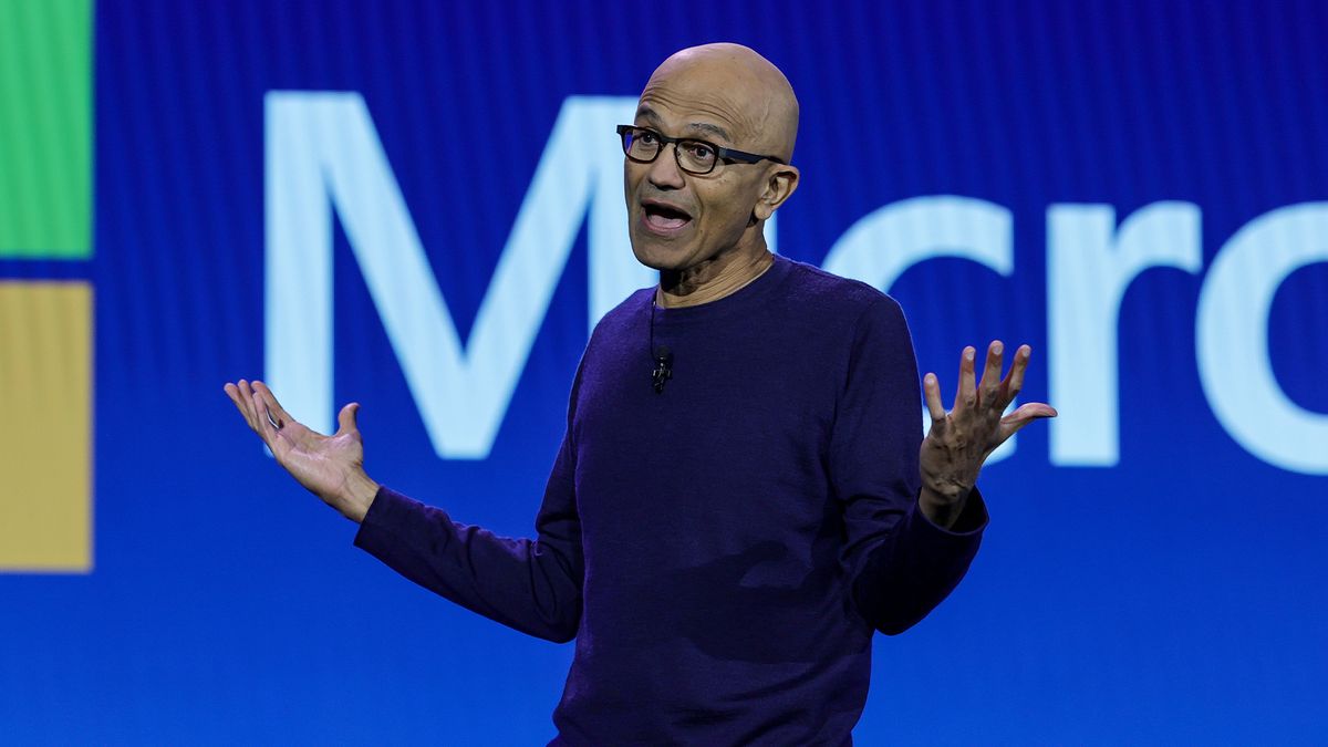 Microsoft CEO Satya Nadella speaks during a keynote session at CES 2024.