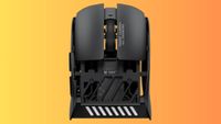 Pulsar X2F Crazylight gaming mouse on a yellow and orange gradient