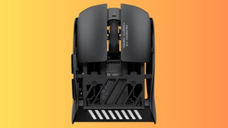 Pulsar X2F Crazylight gaming mouse on a yellow and orange gradient