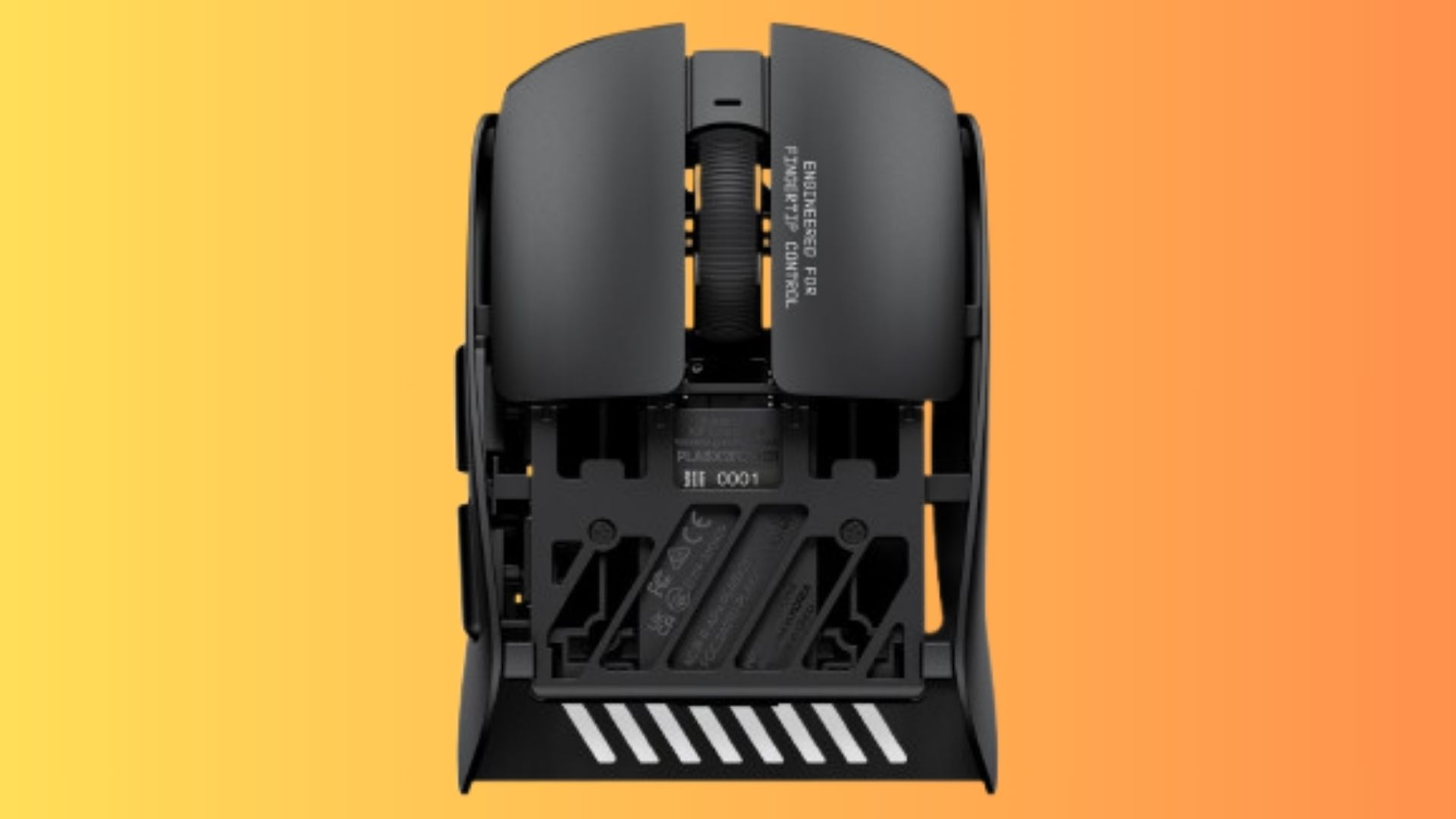 Pulsar X2F Crazylight gaming mouse on a yellow and orange gradient
