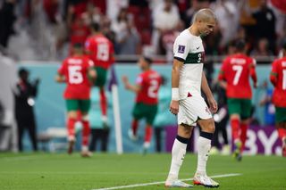 Portugal defender Pepe looks dejected after Youssef En-Nesyri's goal for Morocco in the teams' World Cup quarter-final at Qatar 2022.