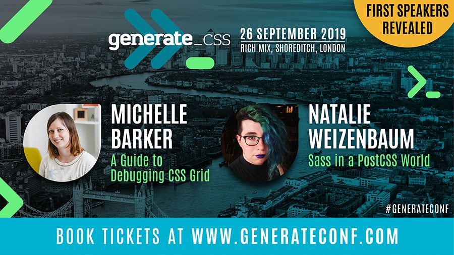 An image promoting Generate CSS and announcing Michelle Barker and Natalie Weizenbaum as speakers.