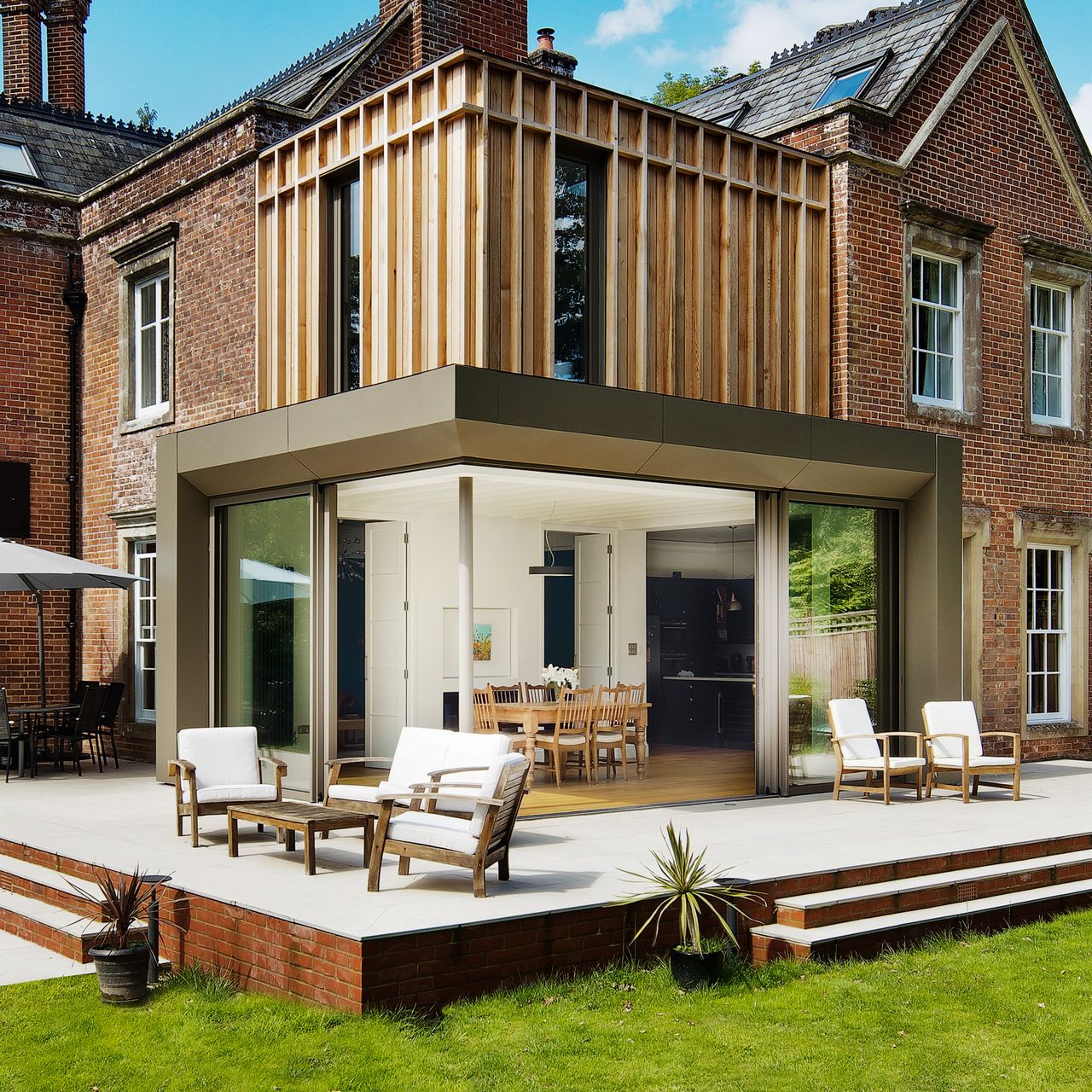 kitchen extension with corner glazing and patio
