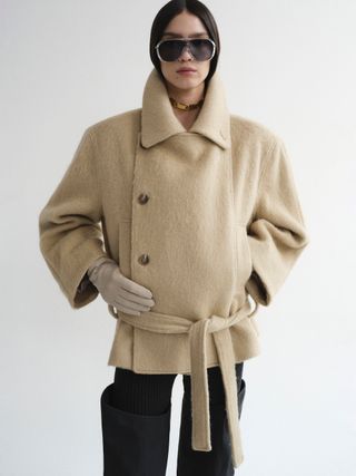 Belted Wool Short Peacoat, Beige