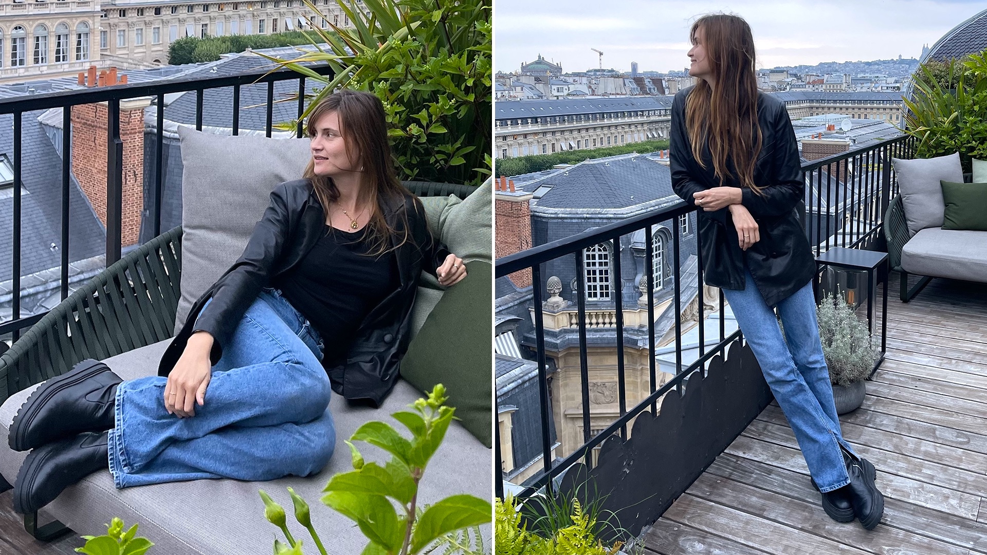 French editor and writer Eugenie Trochu poses on a terrace in Paris wearing a black leather blazer, black top, straight-leg jeans, and black lug-sole boots