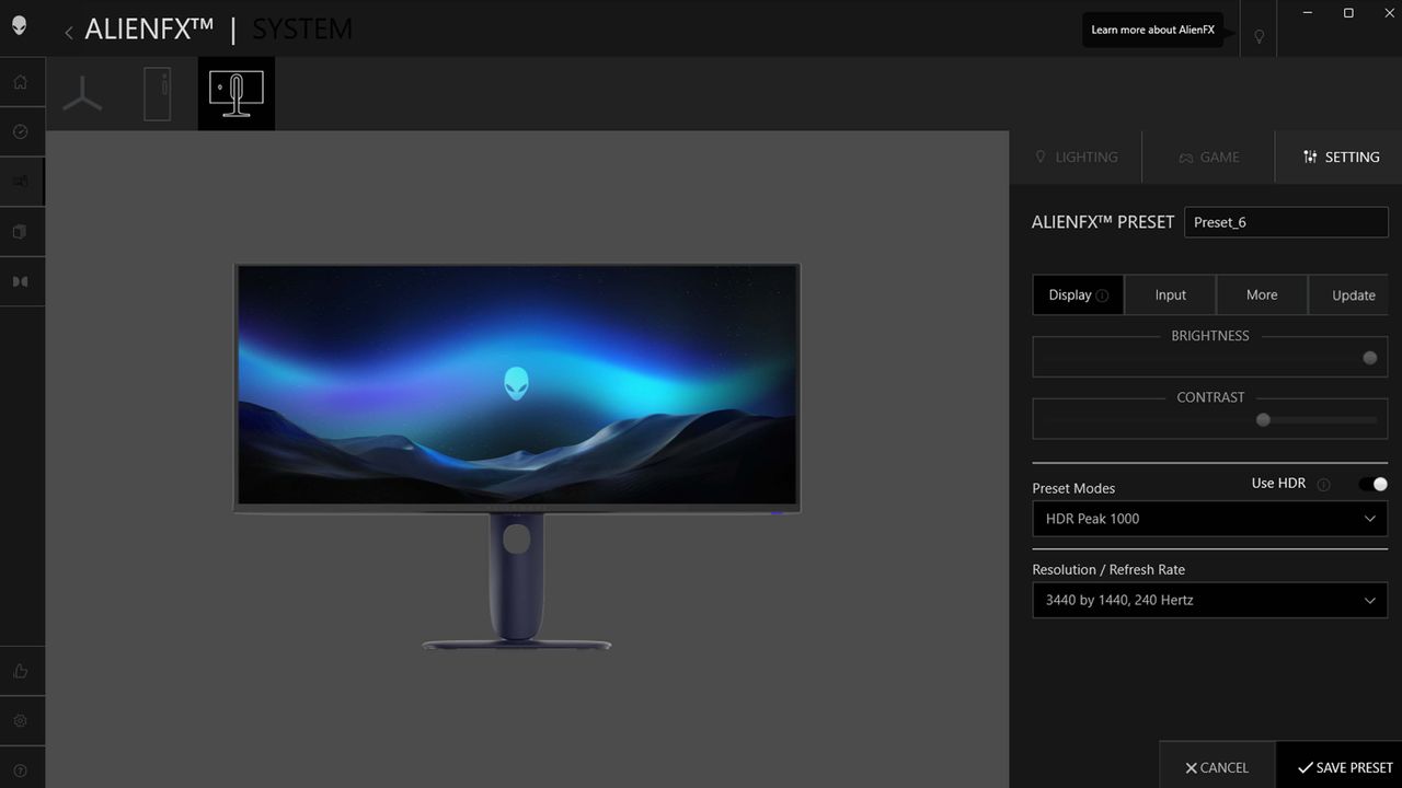 A screenshot of the Command Center app showing Setting options for the Alienware 34" Curved QD-OLED AW3425DW Gaming Monitor.