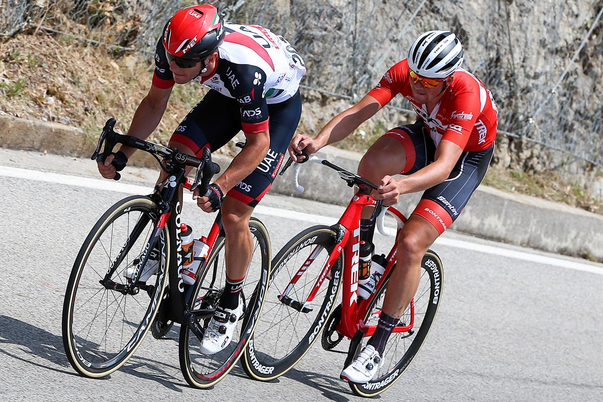 Mads Pedersen follows Jan Polanc in the breakaway