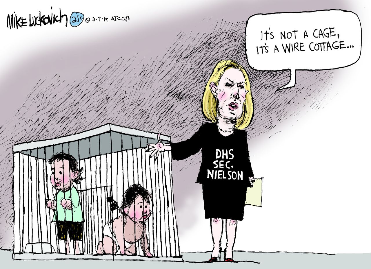 Political Cartoon U.S. Kirstjen Nielsen Border children cage