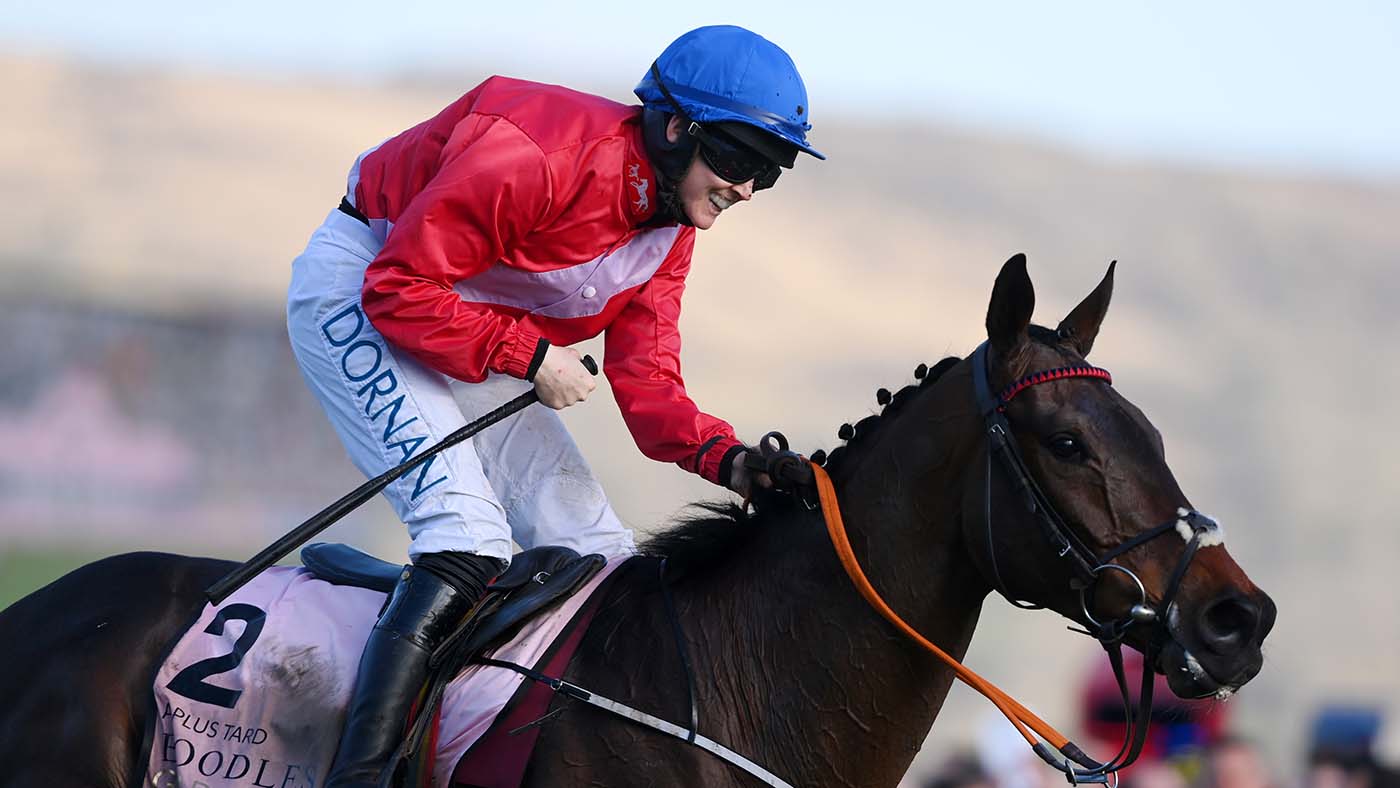 CHELTENHAM, ENGLAND - MARCH 18: Rachael Blackmore on A Plus Tard celebrates winning The Boodles Cheltenham Gold Cup Chase race during day four of the Cheltenham Festival 2022 at Cheltenham Racecourse on March 18, 2022 in Cheltenham, England. (Photo by Mike Hewitt/Getty Images)