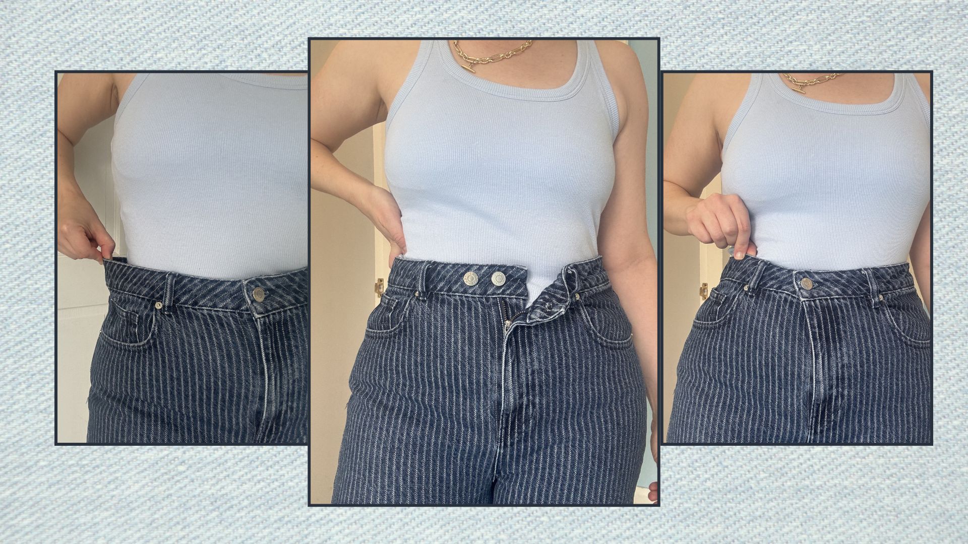 Three shots of matilda wearing jeans with the button pins