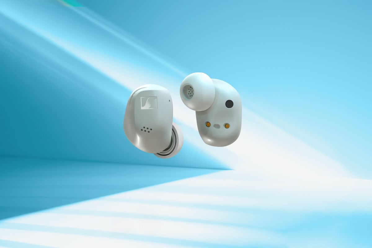 Sennheiser Accentum True Wireless earbuds on a blue background