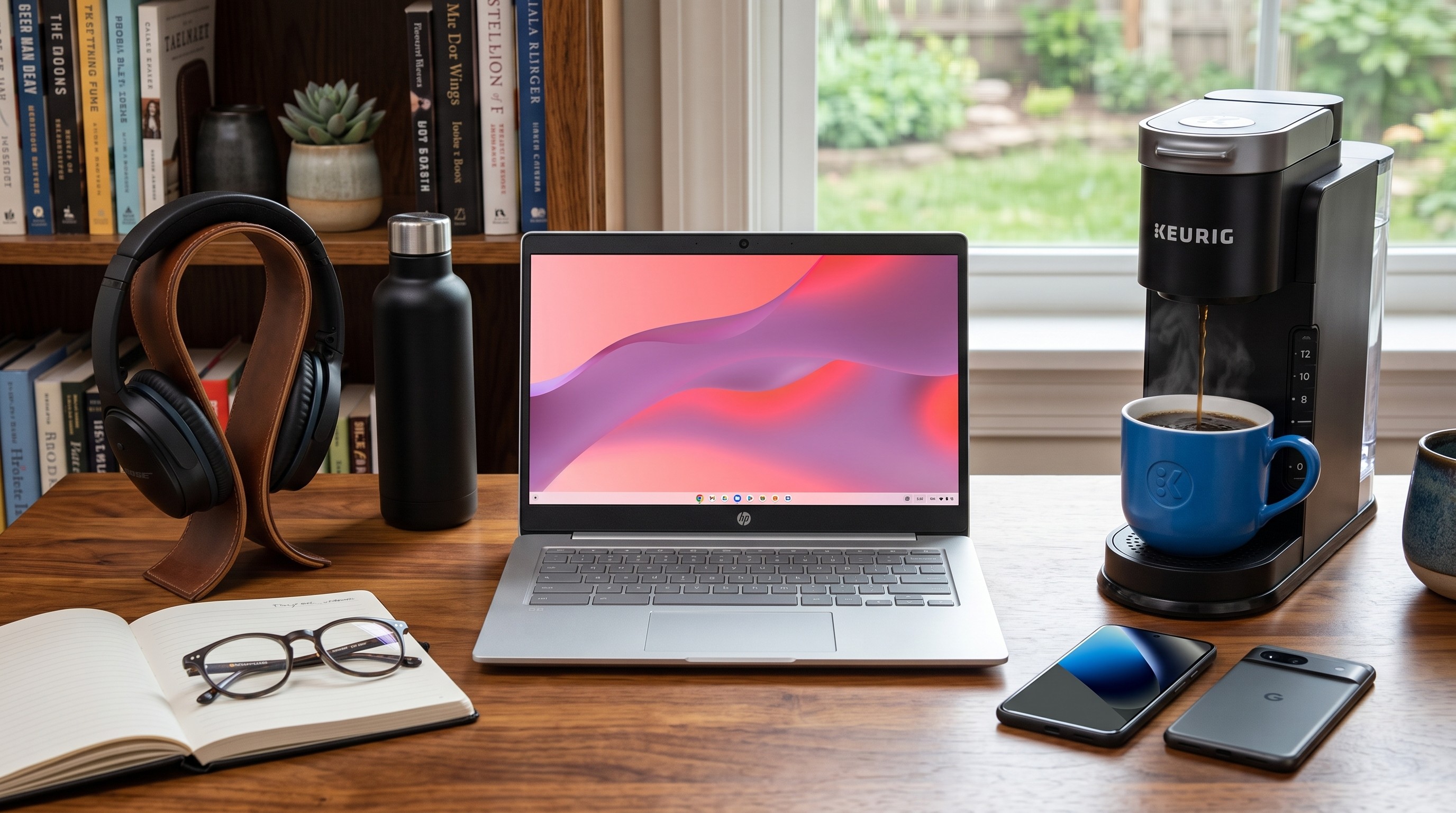 Assorted laptops, phones, headphones, coffee machines, and other tech arranged in a collage.