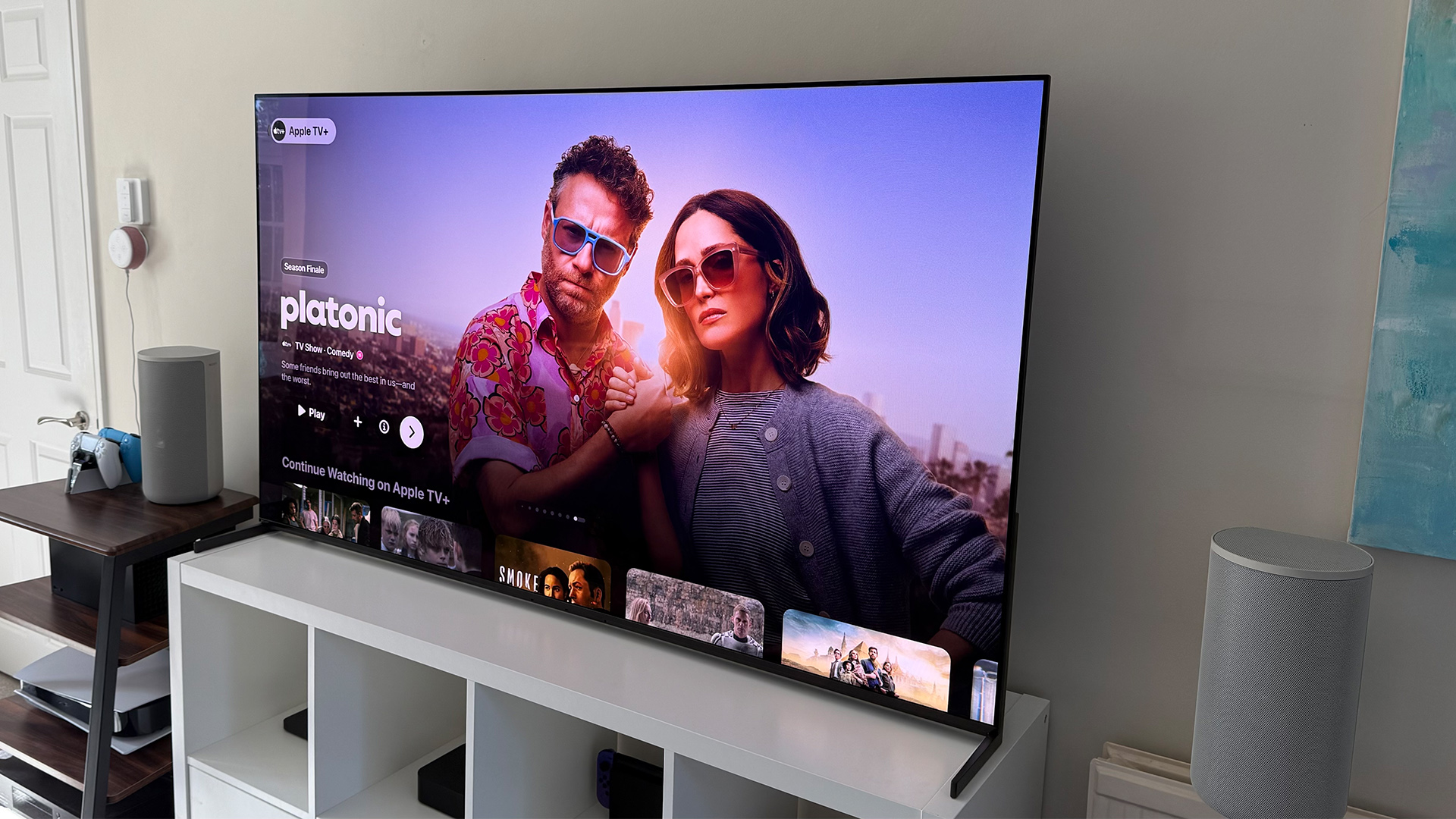 Apple TV+ TV streaming service on TV in living room, on screen is Platonic