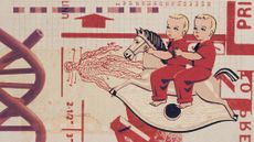 Illustrative collage of baby twins on a rocking horse, strands of DNA and medical symbols