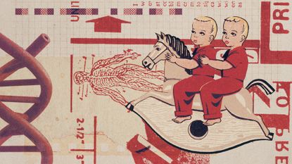 Illustrative collage of baby twins on a rocking horse, strands of DNA and medical symbols
