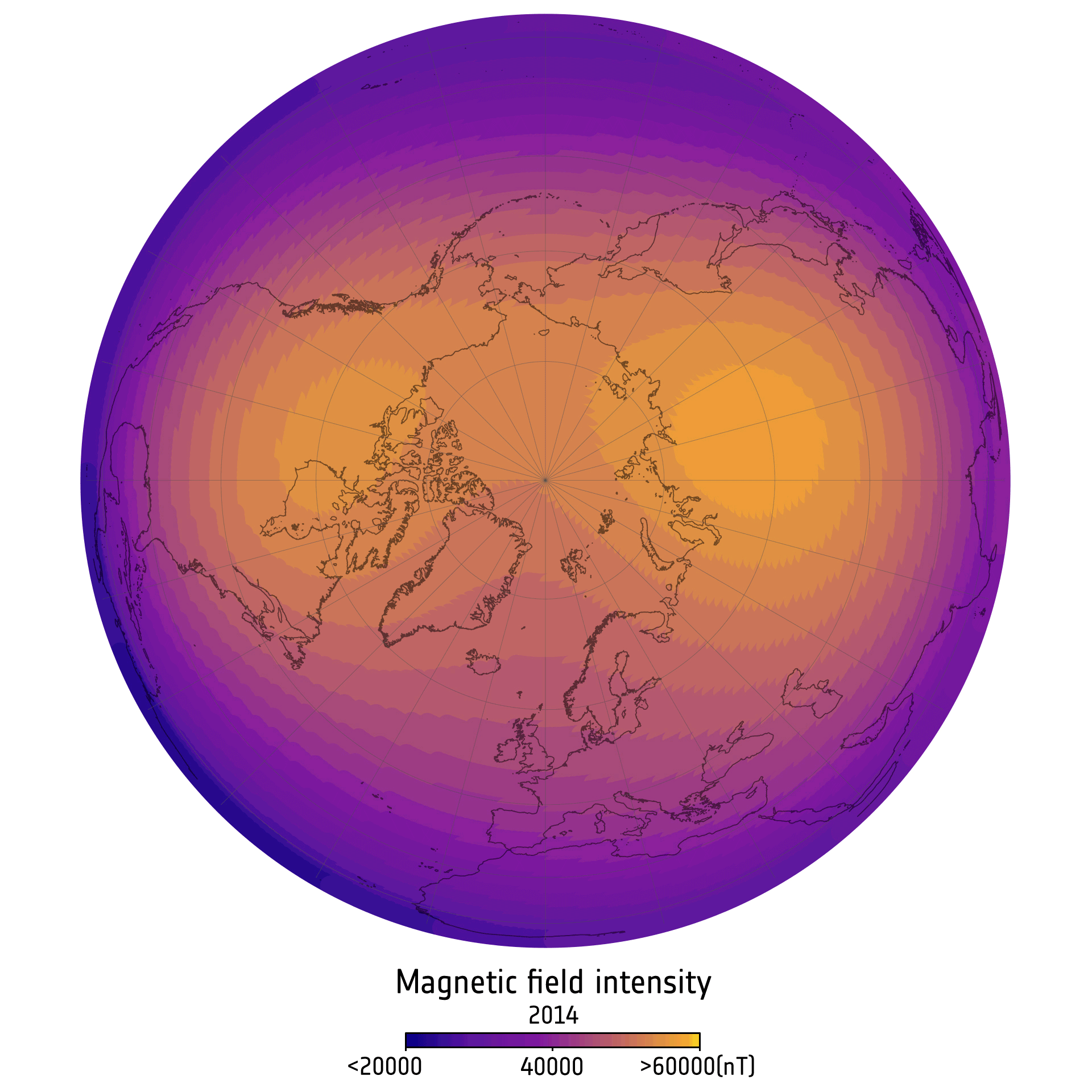 a purple and orange map of earth as seen from the north pole, with two bright orange regions changing sizes