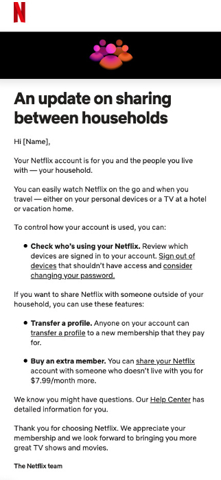 Netflix emailing users about extra members on their accounts
