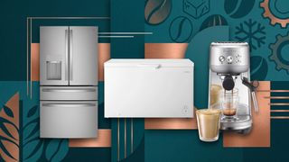 A selection of home appliances against a colorful background.