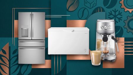 A selection of home appliances against a colorful background.