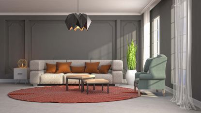 70s trends living room with couch and rug
