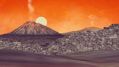 Illustration of Italian landscape, with Mount Etna and Mount Stromboli smoking in the background