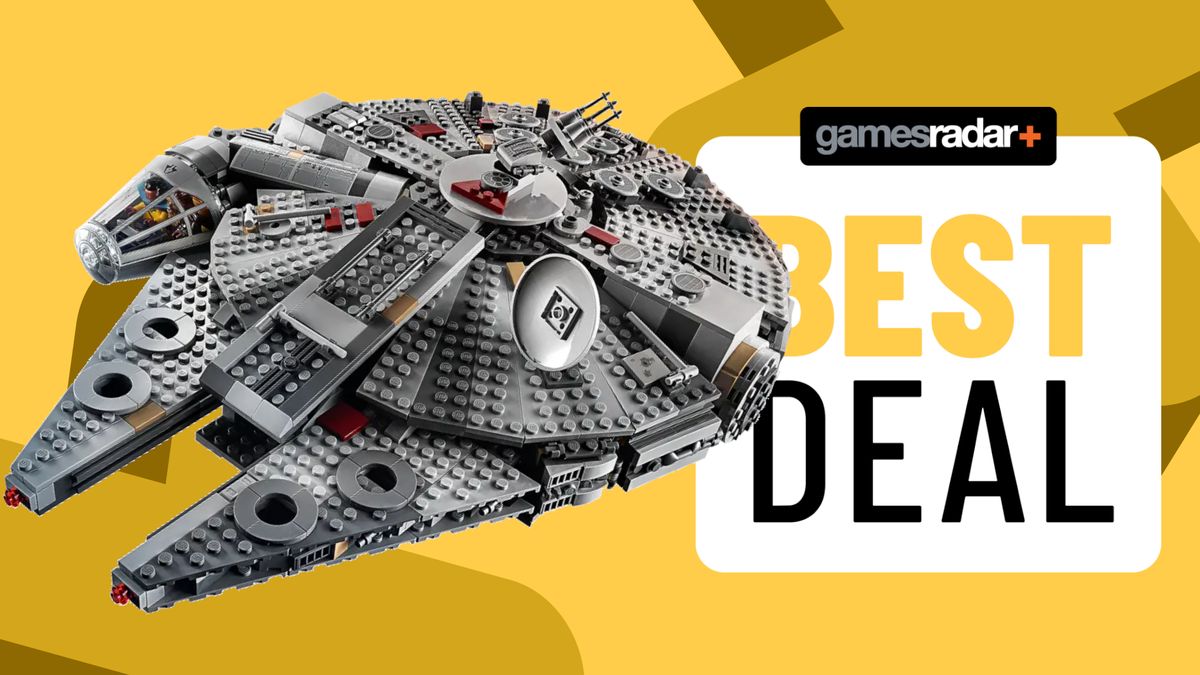 A Lego Millennium Falcon set beside a &#039;best deal&#039; badge, on a yellow background