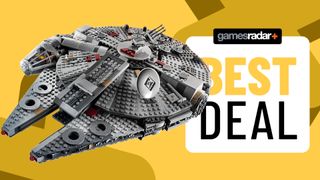 A Lego Millennium Falcon set beside a 'best deal' badge, on a yellow background