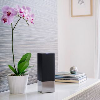 smart speaker with pink flower and books