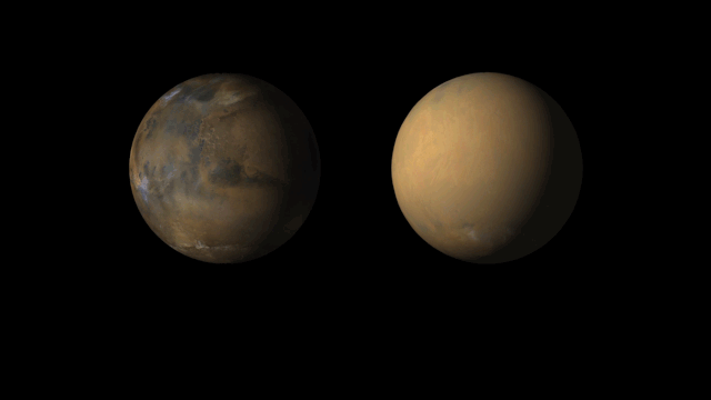 The Mars Color Imager (MARCI) camera onboard NASA's Mars Reconnaissance Orbiter (MRO) shows the typical state of Mars, seen here in May 2018, and what the planet looked like during a planet-encircling dust storm in July 2018.