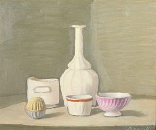 painted art showcasing ceramic bowls and bottle