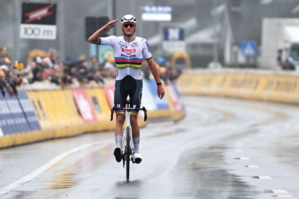 HARELBEKE BELGIUM MARCH 22 Mathieu van der Poel of The Netherlands and Team Alpecin Deceuninck celebrates at finish line as race winner during the 67th E3 Saxo Bank Classic Harelbeke 2024 a 2076km one day race from Harelbeke to Harelbeke UCIWT on March 22 2024 in Harelbeke Belgium Photo by Tim de WaeleGetty Images