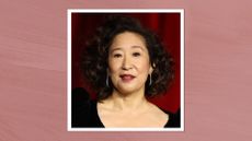 Sandra Oh is pictured with bouncy curls and wearing a dark, wine-red lipstick look at The Fourth Annual Academy Museum Gala at Academy Museum of Motion Pictures on October 19, 2024 in Los Angeles, California/ in a dark pink template