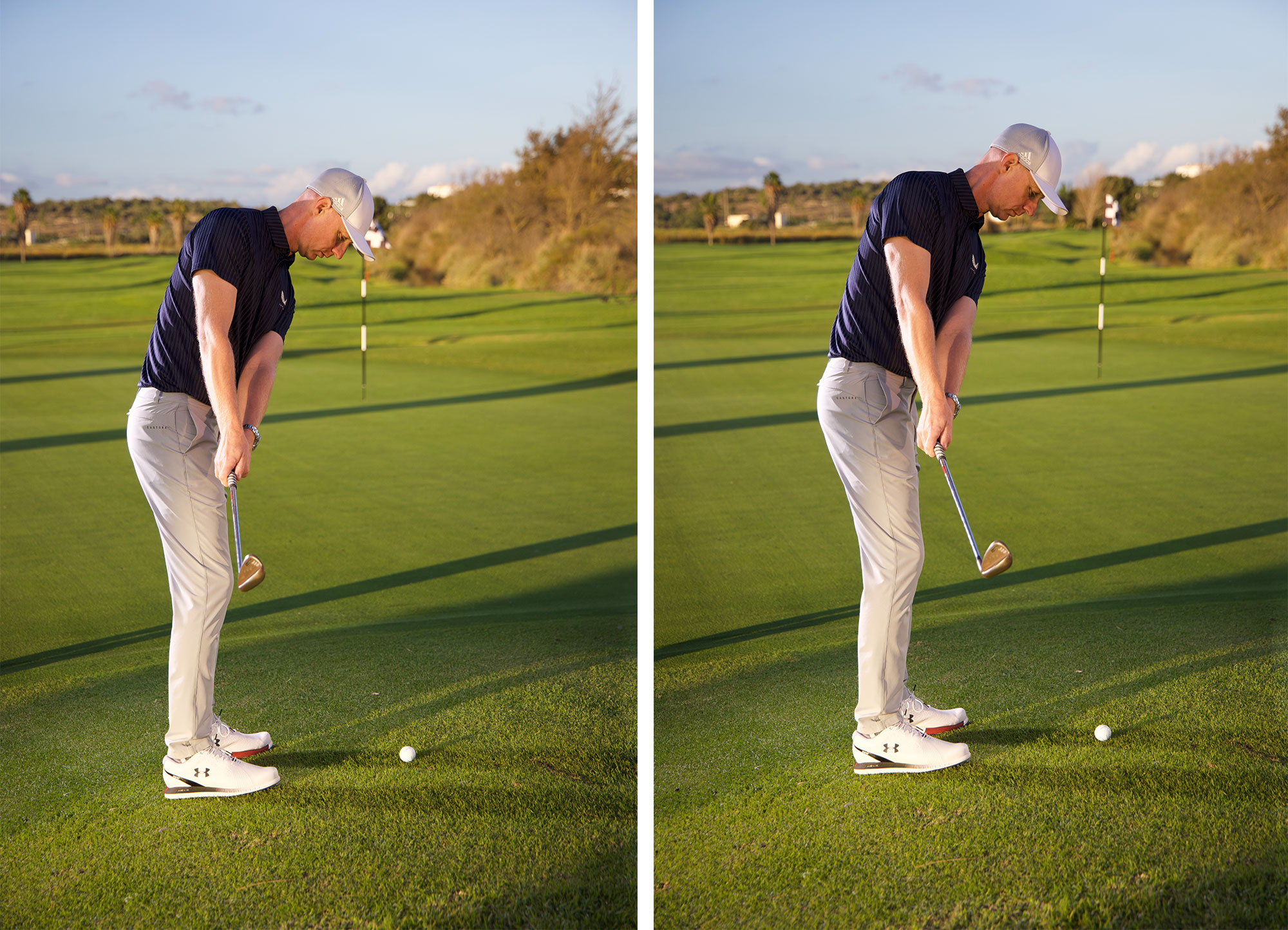 A side-by-side image of Ged Walters in the backswing when chipping