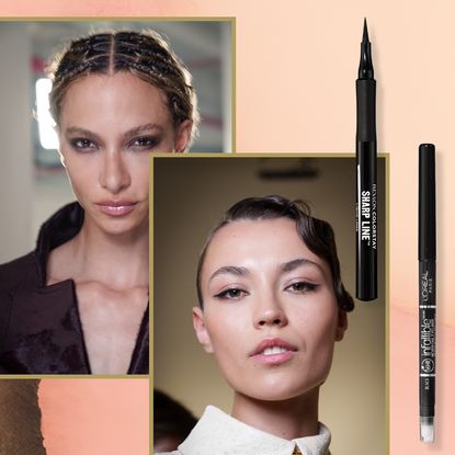 two models wearing eyeliner next to drugstore eyeliners on a watercolor pink and olive green background